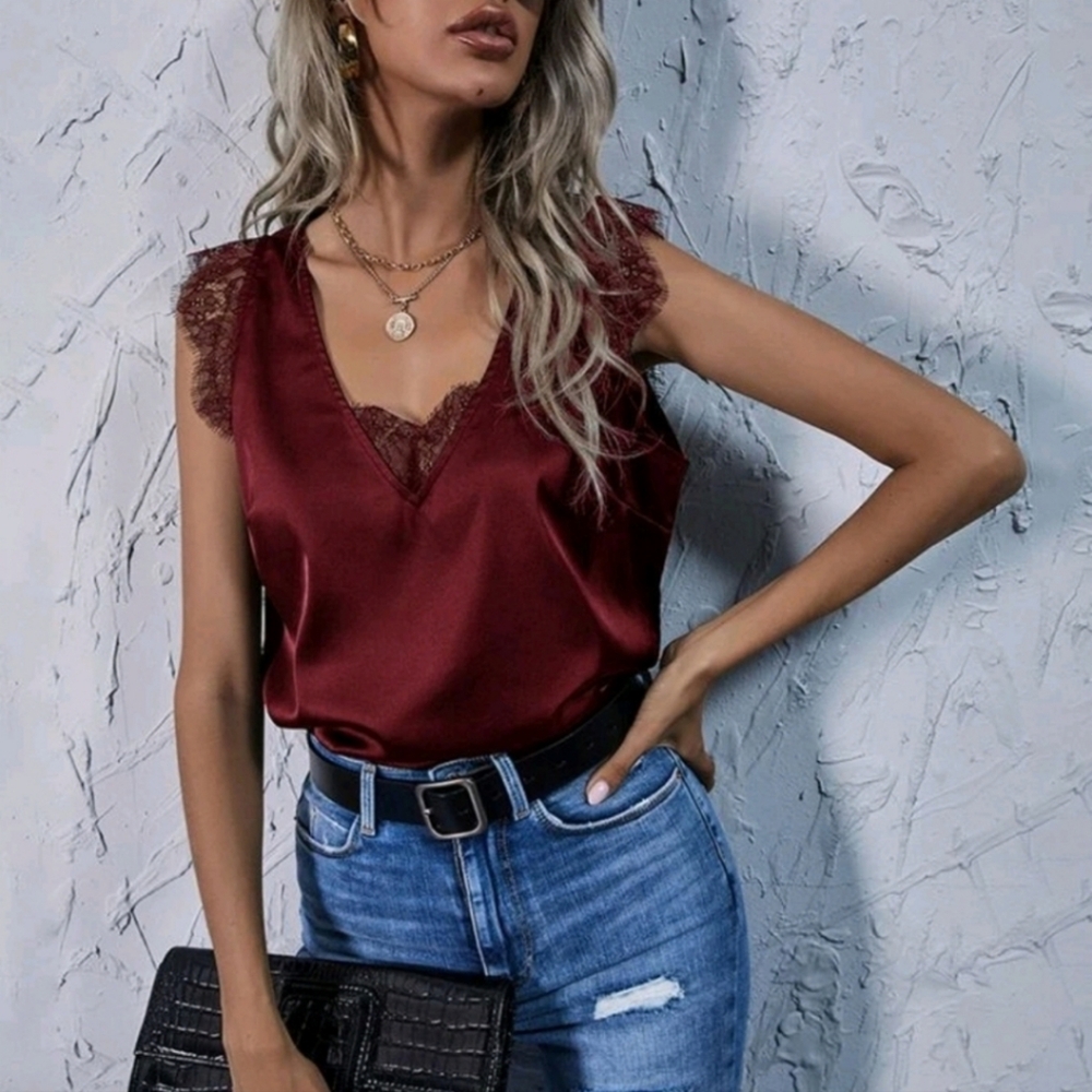 NWOT SHEIN Elegant Burgundy Lace Trim Satin Summer Top